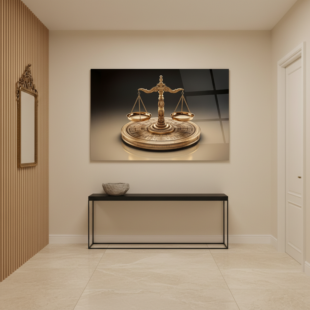 Golden scales of justice horizontal glass wall art in a luxury entrance hall