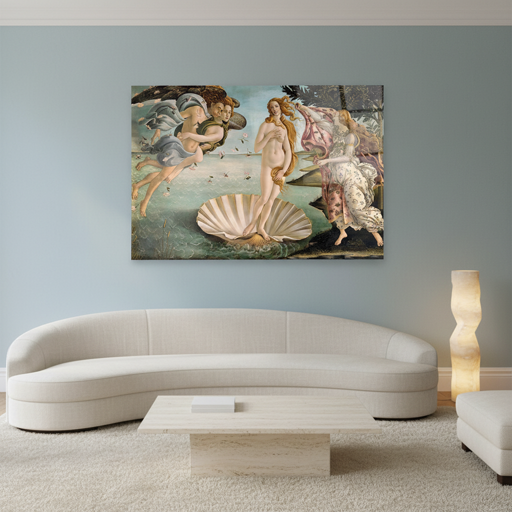 Venus Renaissance glass wall art in a luxury powder-blue living room
