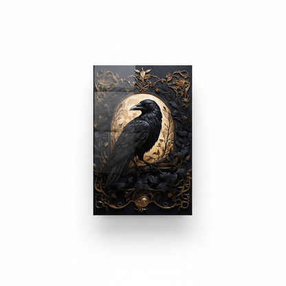 Front view of Raven Moon Glass Wall Art, featuring a black raven against a glowing golden moon with dark botanical and antique-gold details.