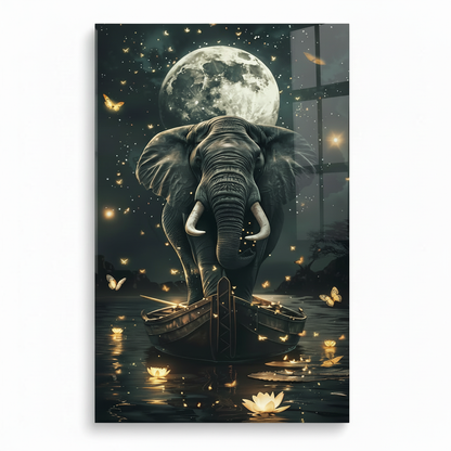 LMT-054 elephant moon lotus glass wall art, white 1:1 studio mockup with vertical portrait panel
