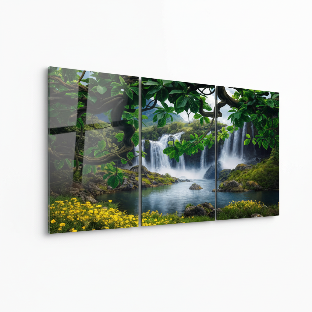 Left-side view of the three-panel waterfall forest glass wall art triptych on a pure white background