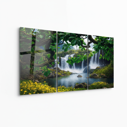 Left-side view of the three-panel waterfall forest glass wall art triptych on a pure white background