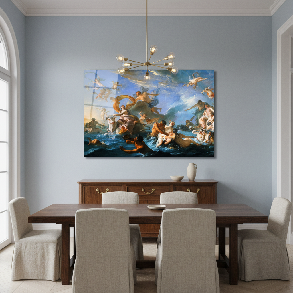 Mythological marine glass wall art in an elegant Italian palazzo-inspired dining room