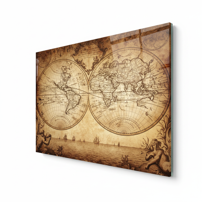 Antique sepia world map glass wall art, right side view