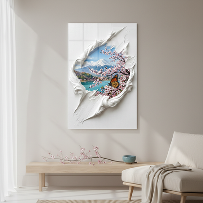 Square 1:1 reading room mockup of LMT-004, mountain lake and cherry blossom glass wall art above a pale wood console.