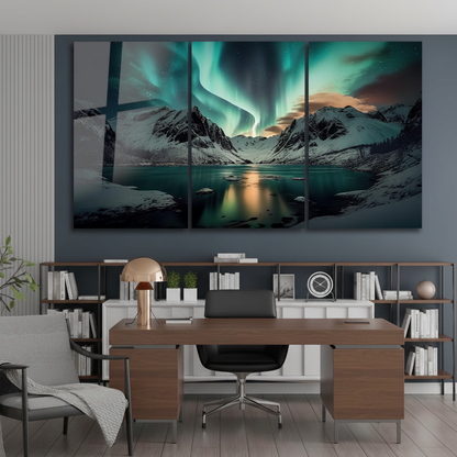 Northern lights mountain lake glass wall art triptych in a luxury slate blue office