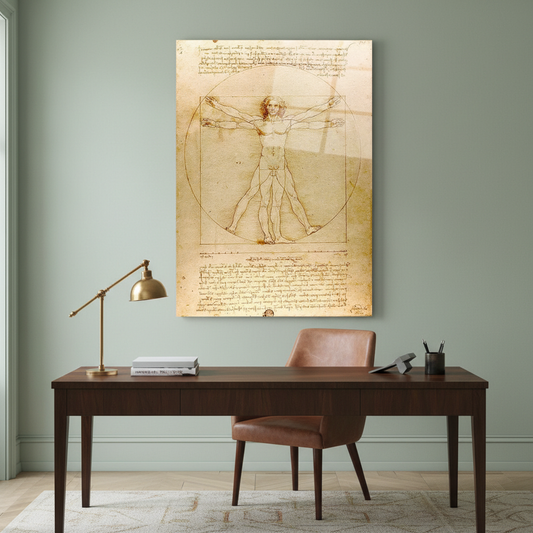 Vitruvian Man Glass Wall Art displayed in a refined home office with sage-green walls.