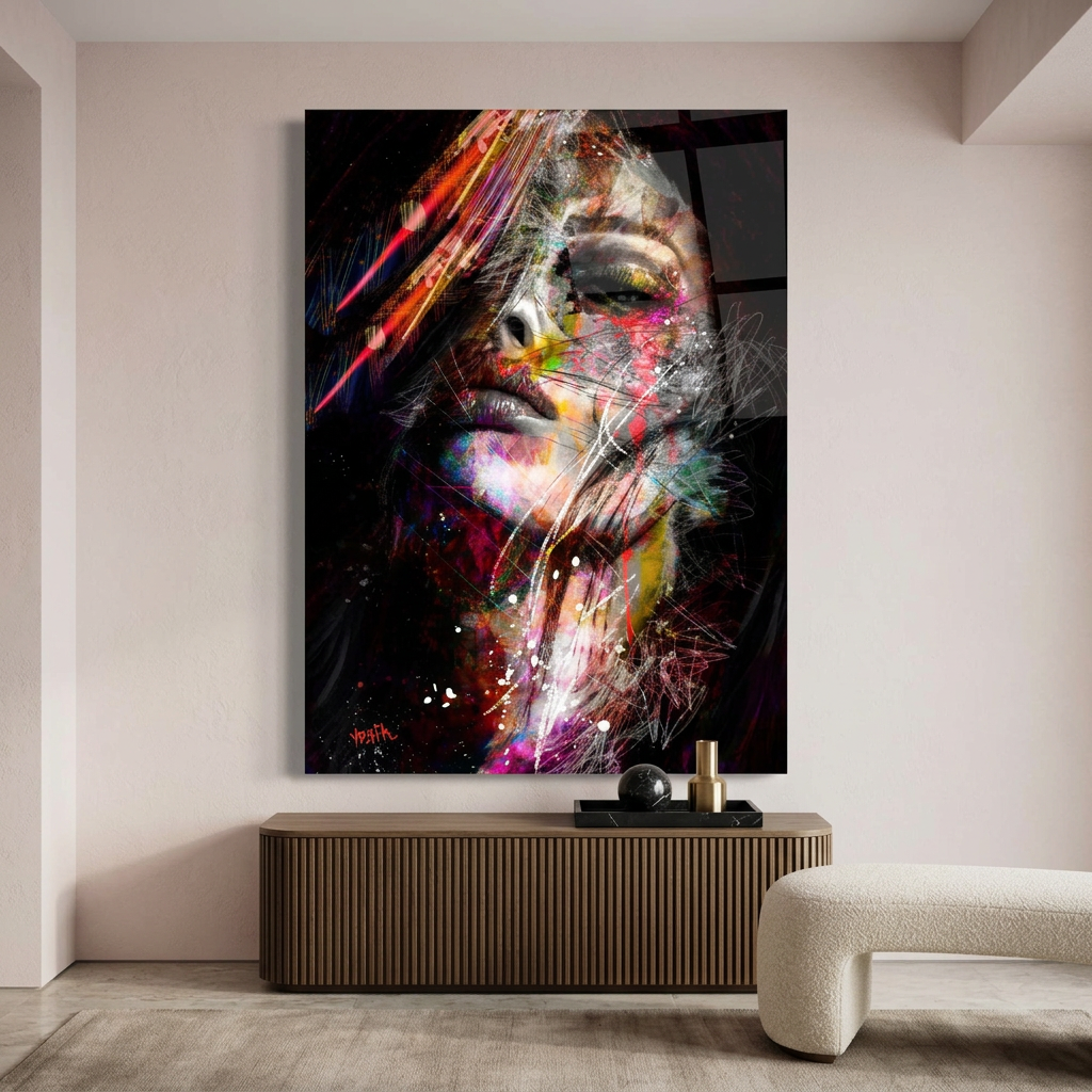 D-180 colorful abstract woman glass wall art in blush entrance hall