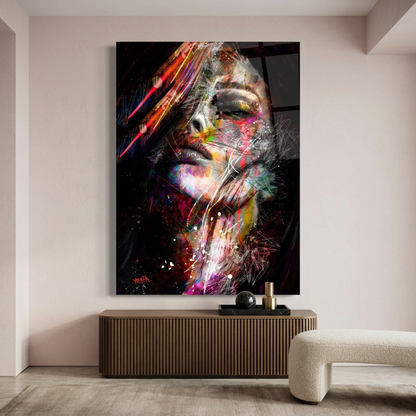 D-180 colorful abstract woman glass wall art in blush entrance hall