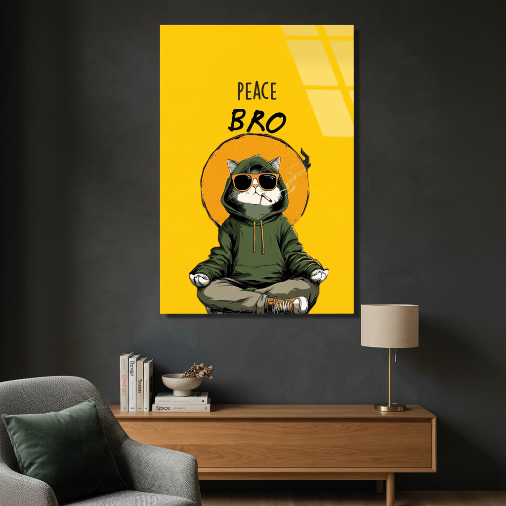 Square 1:1 interior mockup of LMT-001, a vertical yellow poster-style glass panel showing a meditating cat in sunglasses with Peace Bro lettering.