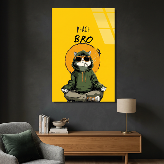 Square 1:1 interior mockup of LMT-001, a vertical yellow poster-style glass panel showing a meditating cat in sunglasses with Peace Bro lettering.