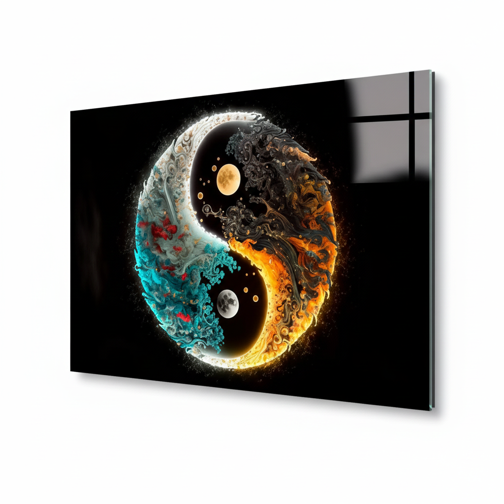 LMT-052 turquoise orange gold yin yang abstract glass wall art, right side view