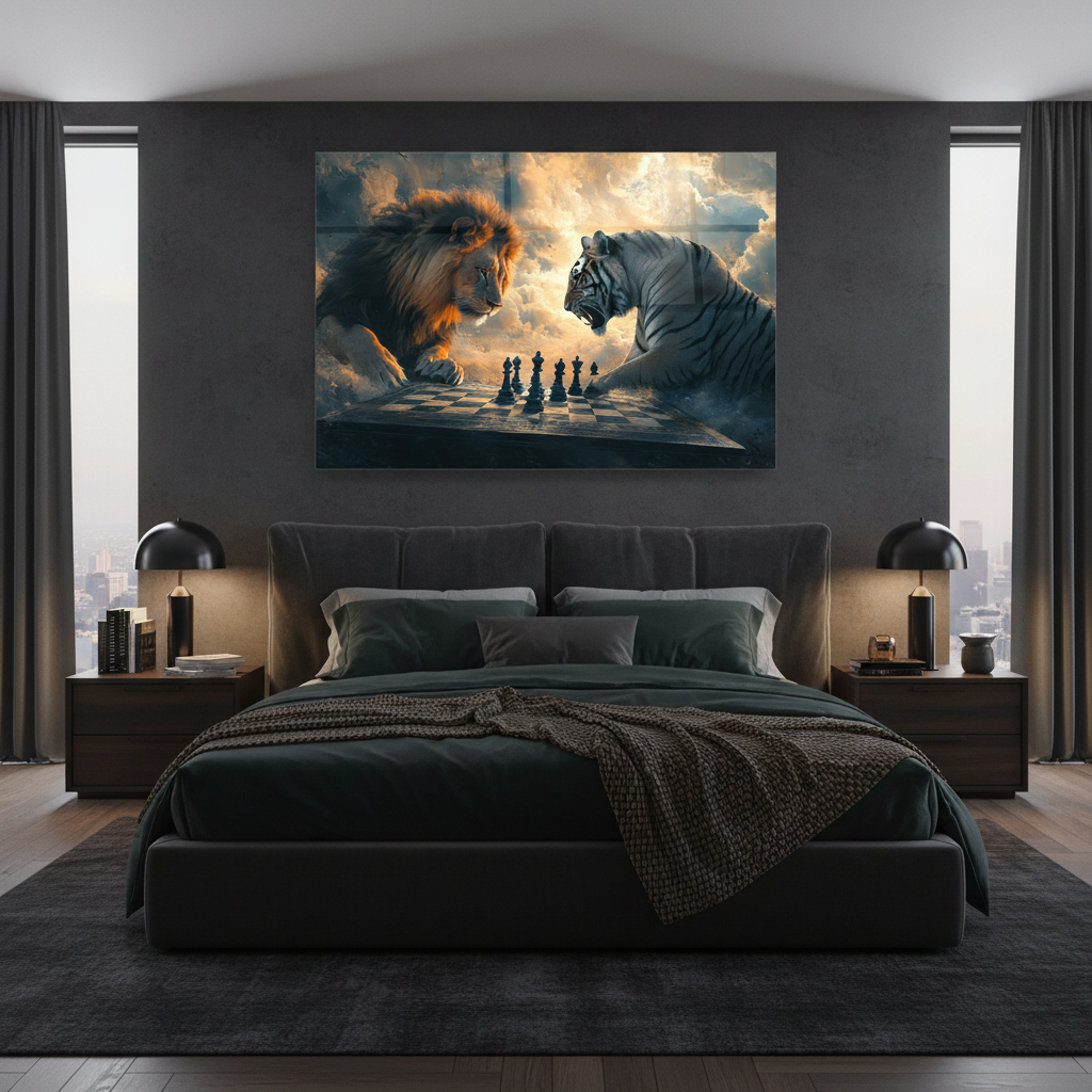 Lion and White Tiger Chess Glass Wall Art in luxury bedroom