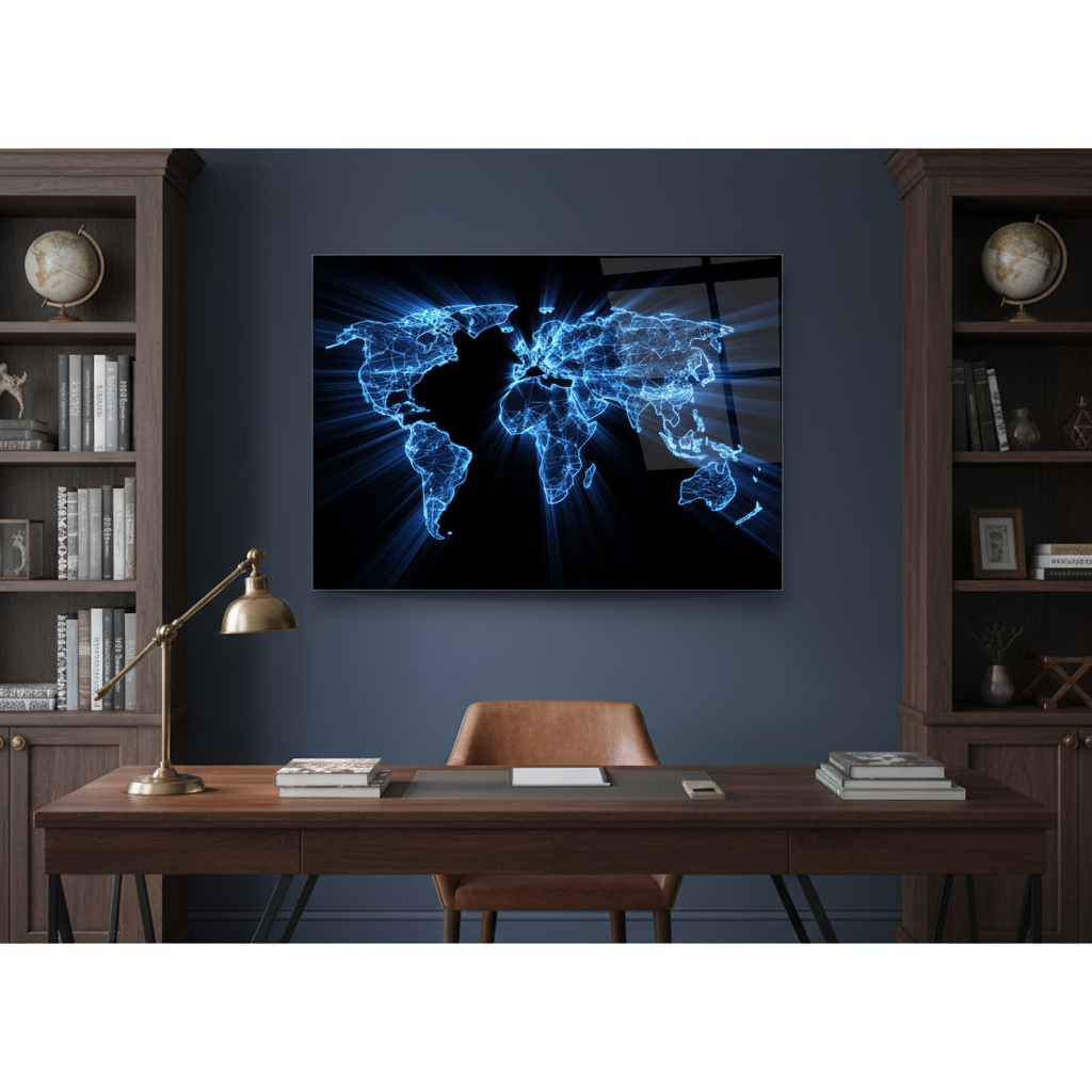 Digital World Map Glass Wall Art above a walnut desk in a modern home office