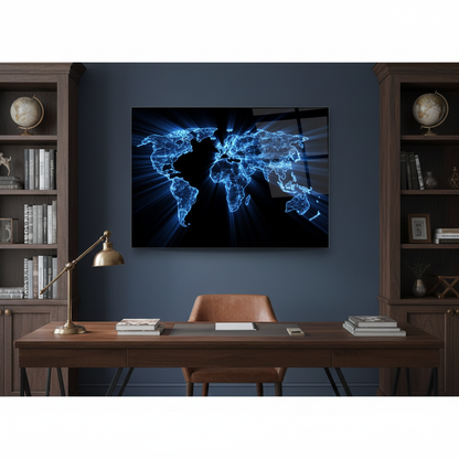 Digital World Map Glass Wall Art above a walnut desk in a modern home office