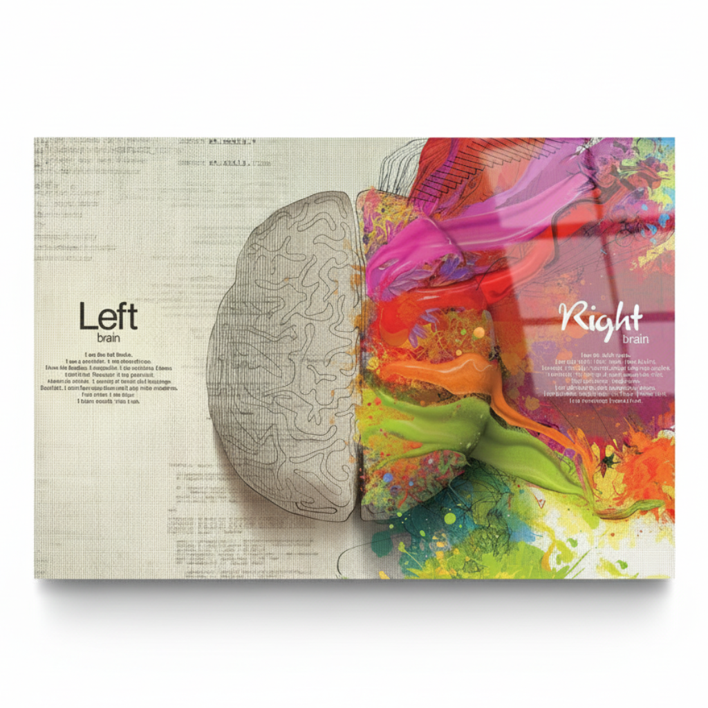 Perfectly frontal view of left and right brain glass wall art on white background