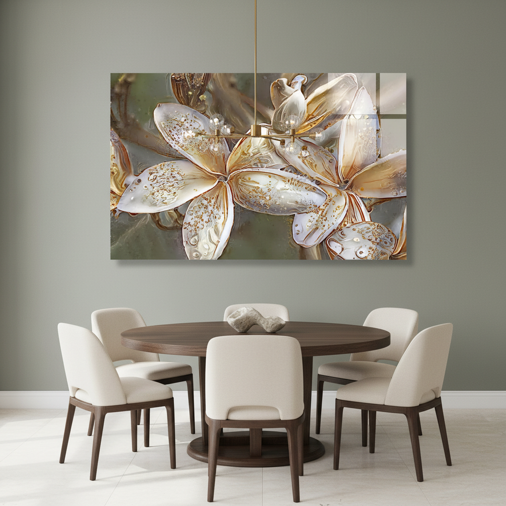 LMT-056 white and ivory flowers with gold details glass wall art in a luxury dining room