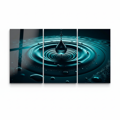 Teal water drop triptych glass wall art, front view, printed on tempered glass, white background