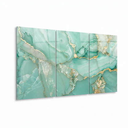 Left-side view of the three-panel aqua agate marble glass wall art triptych on a pure white background