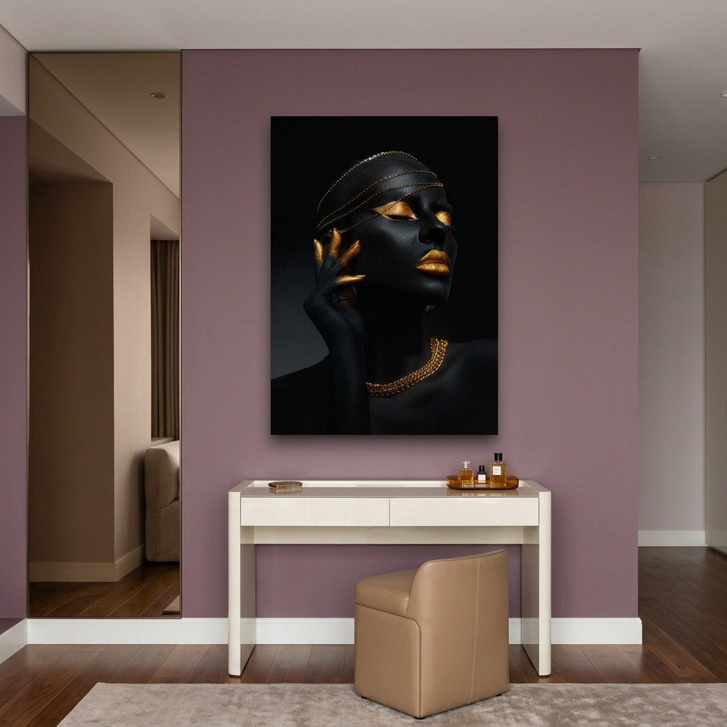 D-183 black and gold woman with chain jewelry glass wall art in plum dressing room