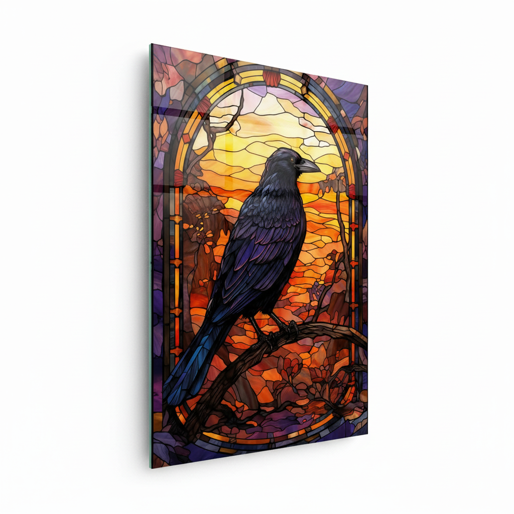 Left side view of Raven Stained Glass Wall Art showing the vertical glass edge and stained-glass raven artwork.