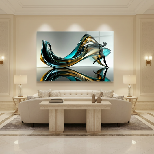 Y-304 abstract turquoise, black and gold figure glass wall art with exact 7 to 5 panel ratio in a luxury hotel lobby