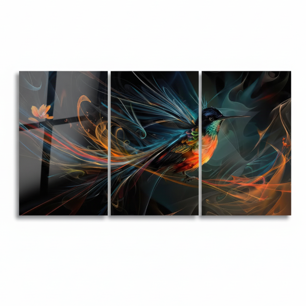 Hummingbird glass wall art triptych, front view, printed on tempered glass, white background