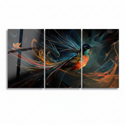 Hummingbird glass wall art triptych, front view, printed on tempered glass, white background