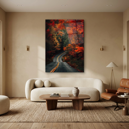 Autumn Forest Road Glass Wall Art displayed in a sand-toned luxury living room
