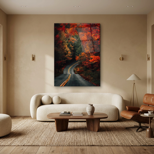Autumn Forest Road Glass Wall Art displayed in a sand-toned luxury living room