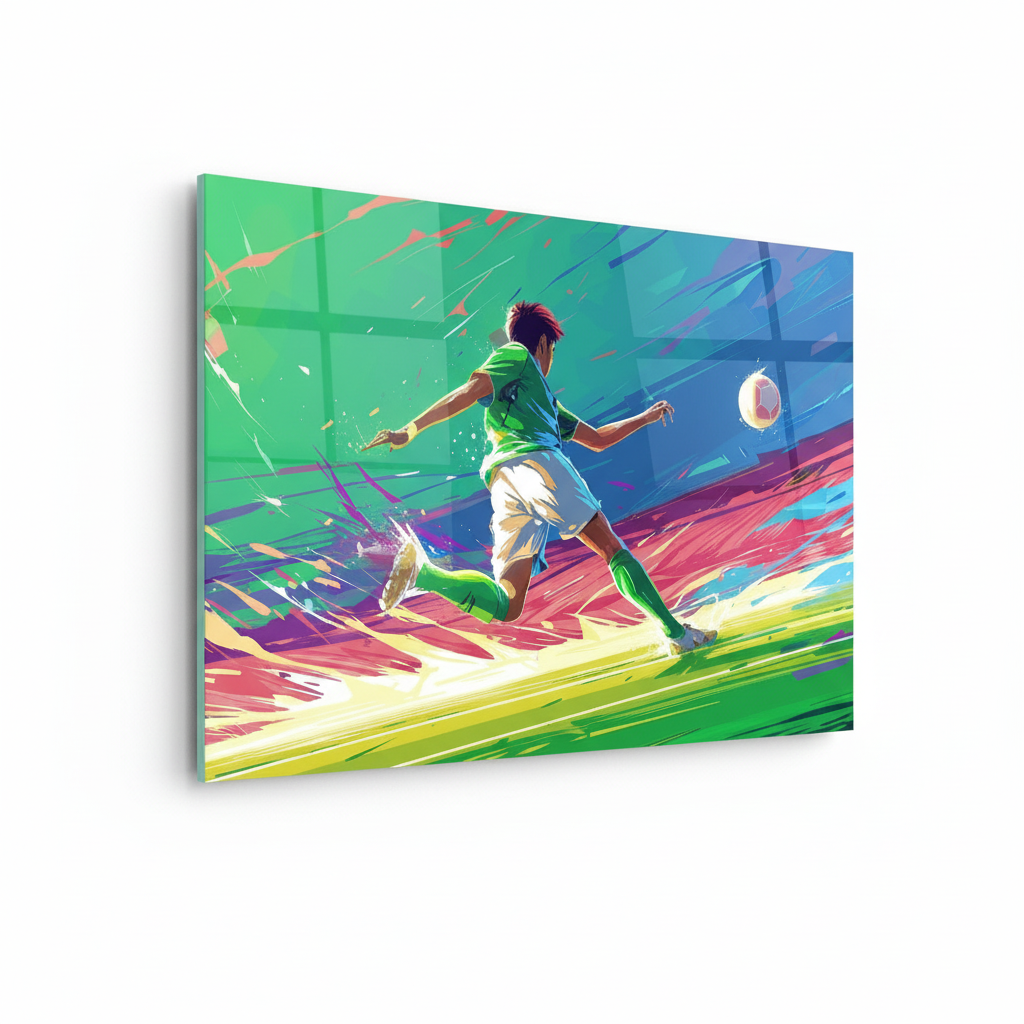 Left angled view of soccer player horizontal glass wall art