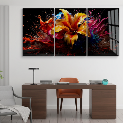 T-42 abstract color splash flower triptych glass wall art in a luxury office with warm grey walls