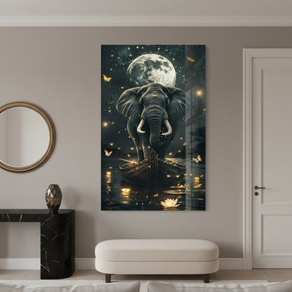 LMT-054 elephant under full moon with butterflies and lotus flowers in a luxury entrance hall