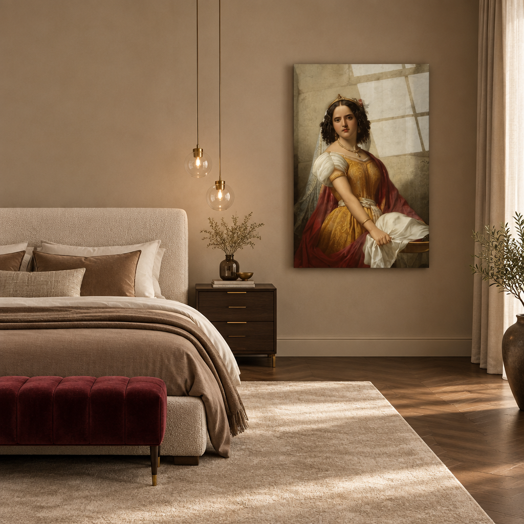 Classical woman portrait glass wall art in a warm sand bedroom