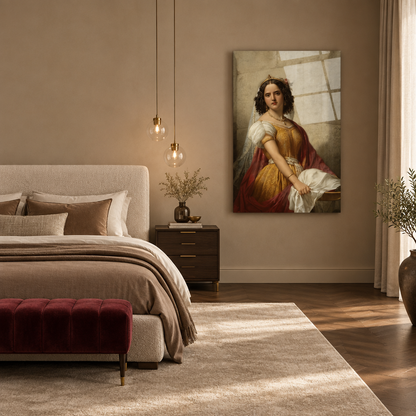 Classical woman portrait glass wall art in a warm sand bedroom