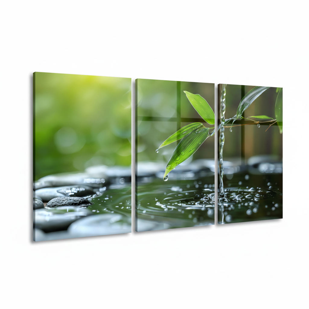 Left angle view of three-panel nature water stream triptych glass wall art