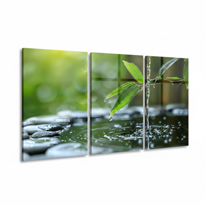 Left angle view of three-panel nature water stream triptych glass wall art