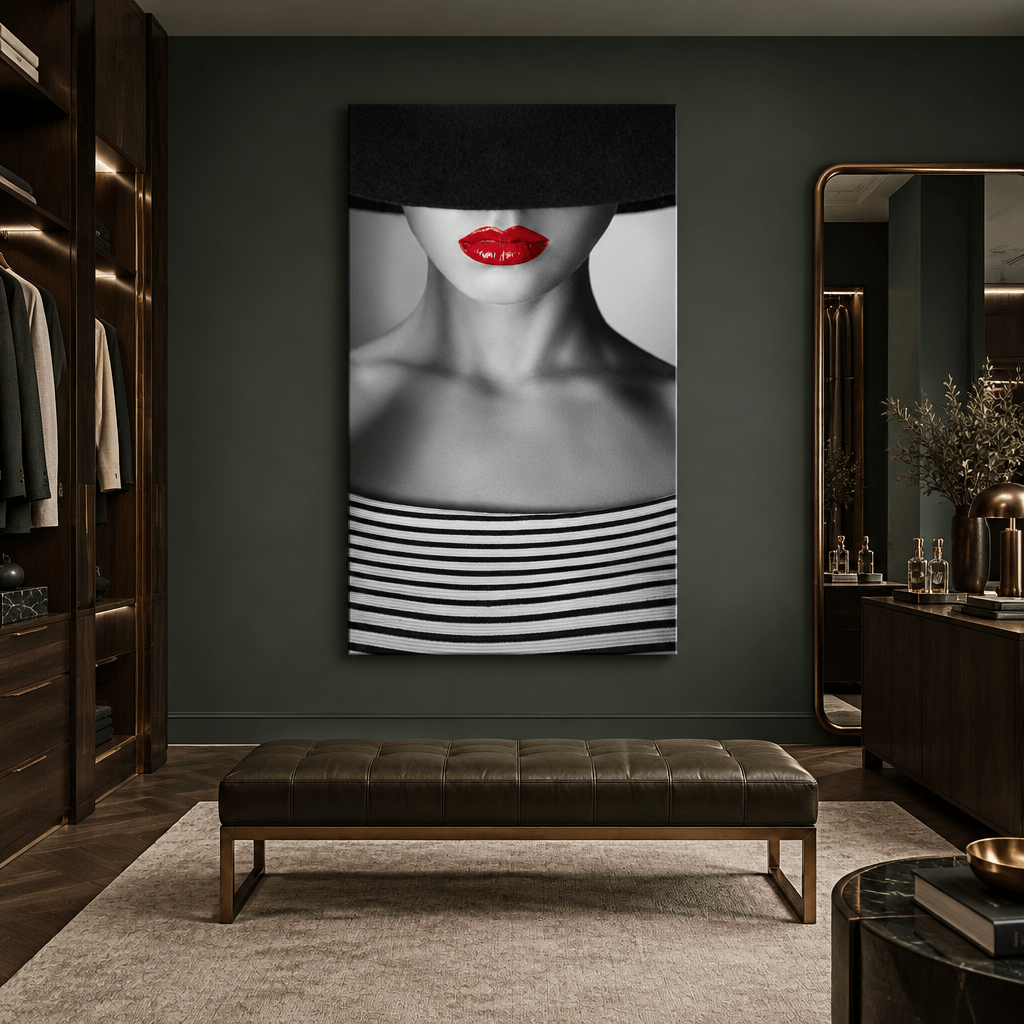 Red lips woman portrait glass wall art in dressing room