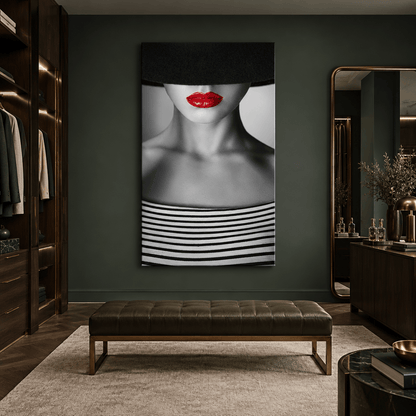 Red lips woman portrait glass wall art in dressing room