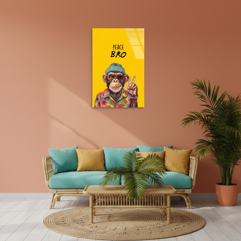 Square 1:1 tropical living room mockup of LMT-011, the yellow Peace Bro chimp glass wall art above a rattan sofa with turquoise and mustard cushions.