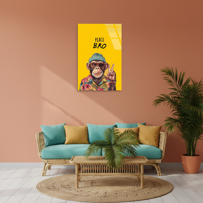 Square 1:1 tropical living room mockup of LMT-011, the yellow Peace Bro chimp glass wall art above a rattan sofa with turquoise and mustard cushions.