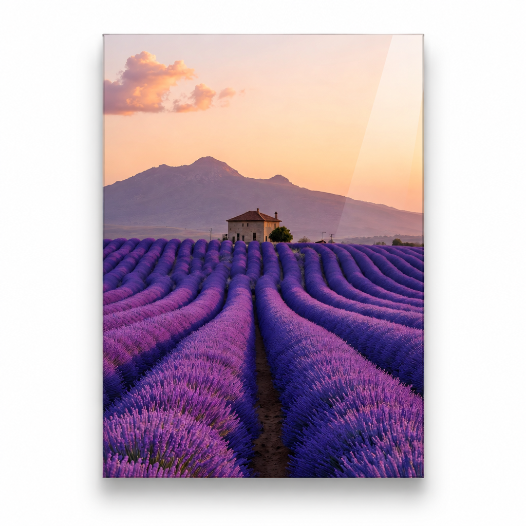 Provence lavender field glass wall art, frontal view with shadow on white background
