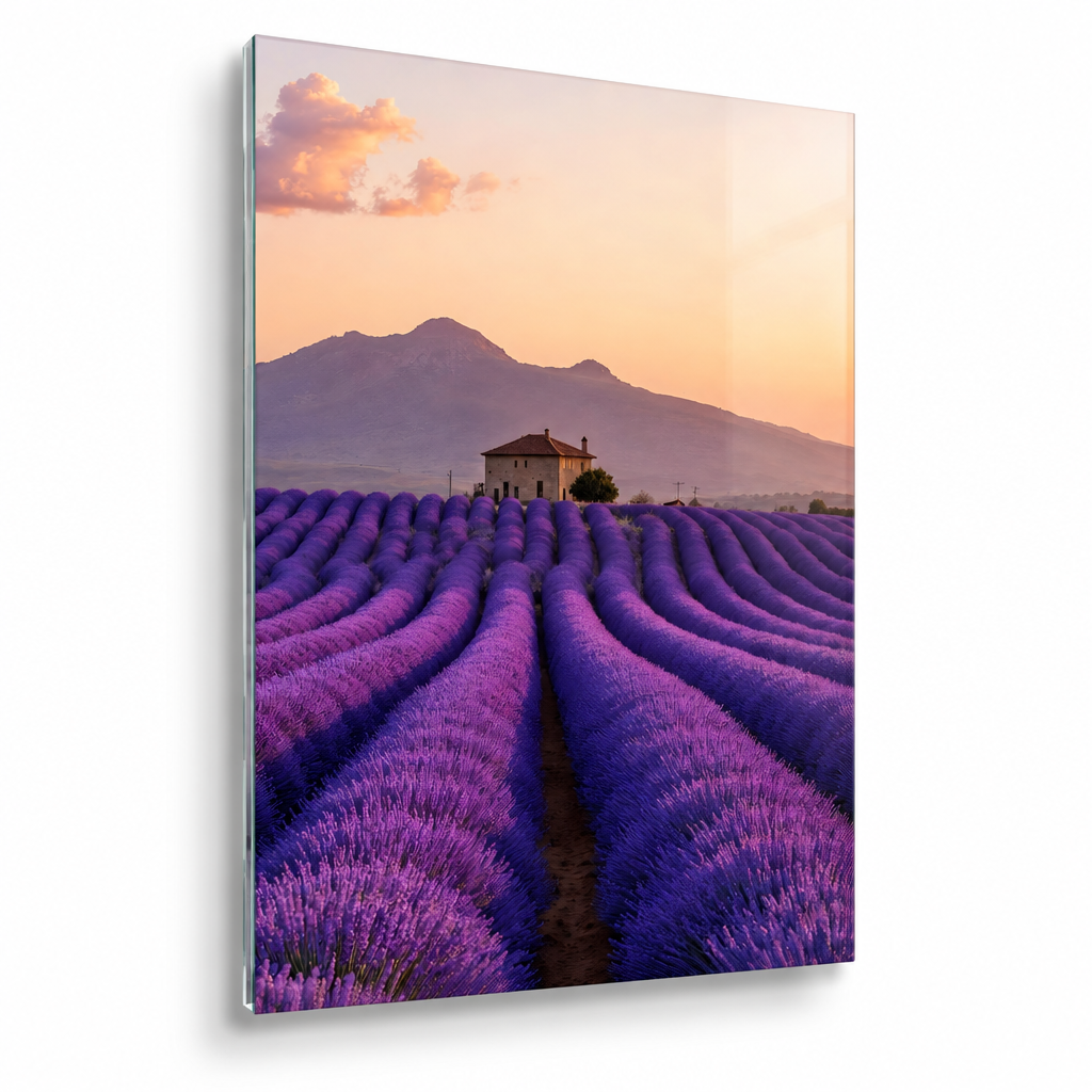 Provence lavender field glass wall art, left angle view with shadow