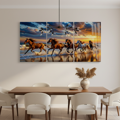 T-40 galloping horses sunset triptych glass wall art in a luxury dining room with warm ivory walls