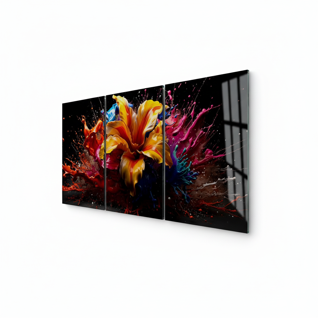 Right-side view of T-42 abstract color splash flower triptych glass wall art on a white background