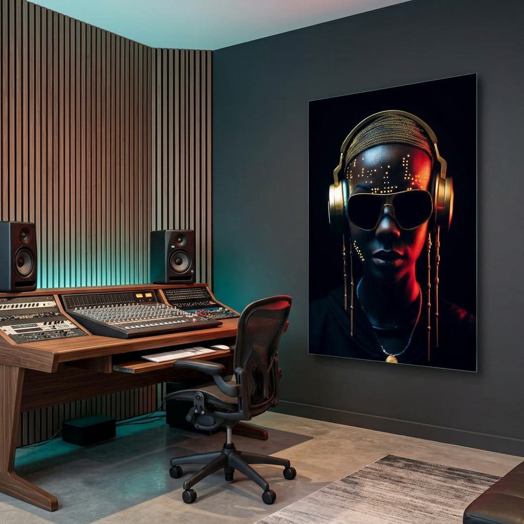 D-186 woman with gold headphones glass wall art in music production studio