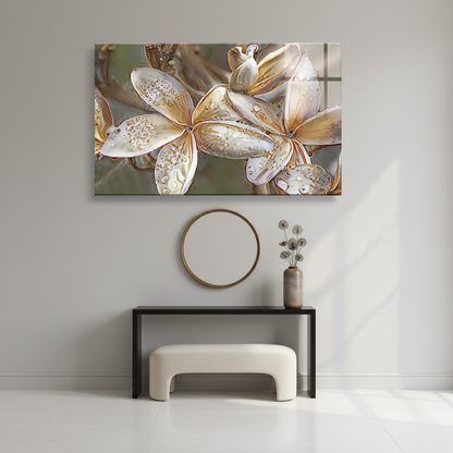 LMT-056 white and ivory flowers with gold details glass wall art in a luxury entrance hall