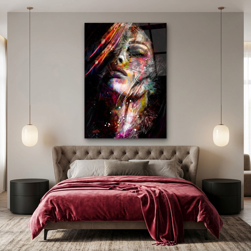 D-180 colorful abstract woman glass wall art in grey bedroom