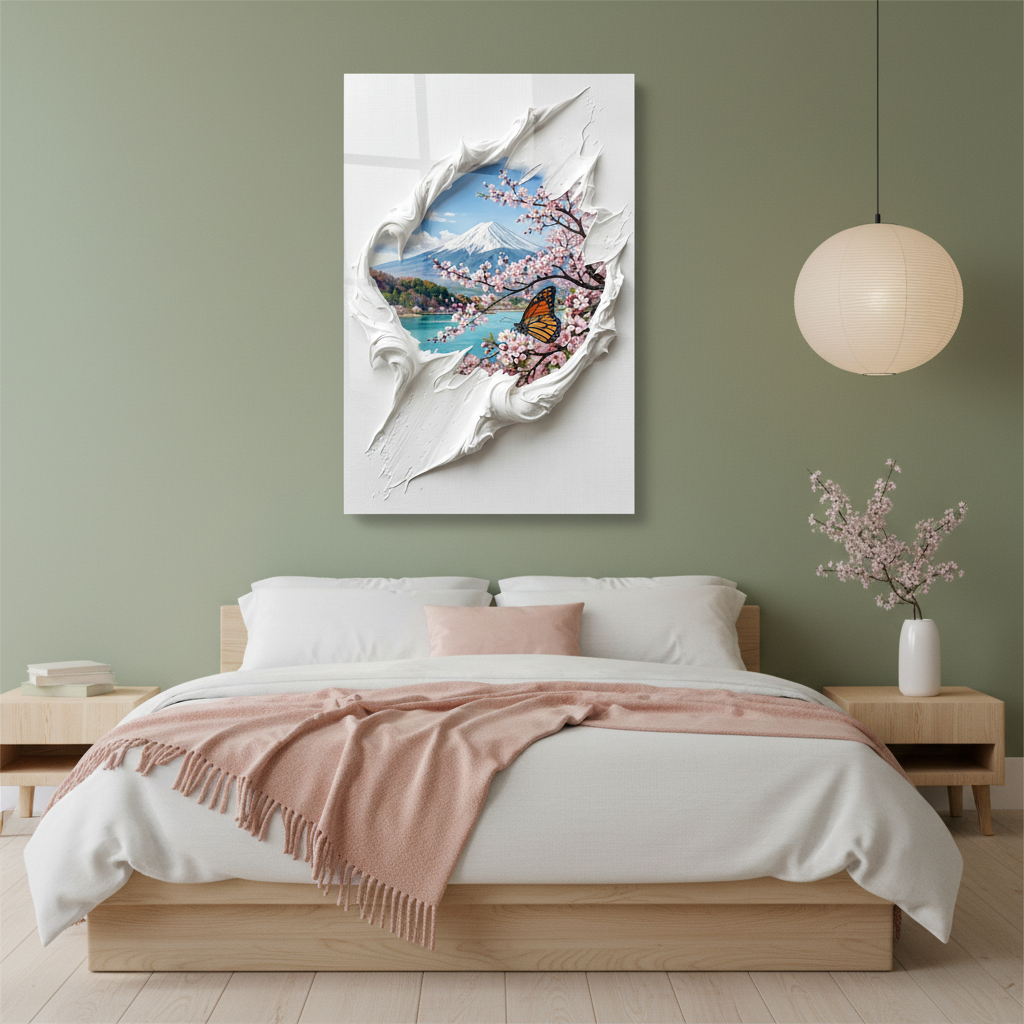 Square 1:1 Japanese-inspired bedroom mockup of LMT-004, mountain lake and cherry blossom glass wall art above a low bed.