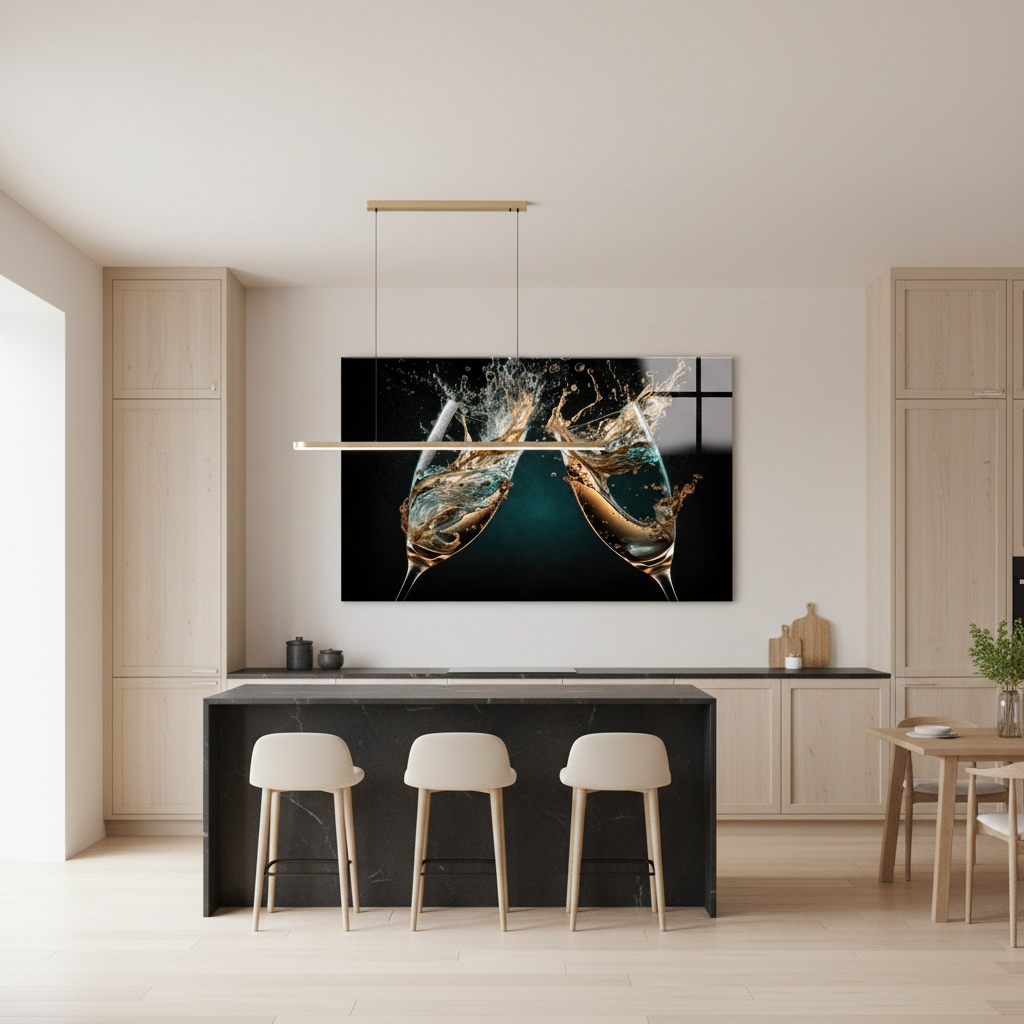 LMT-050 champagne glasses splash glass wall art in a luxury kitchen dining area